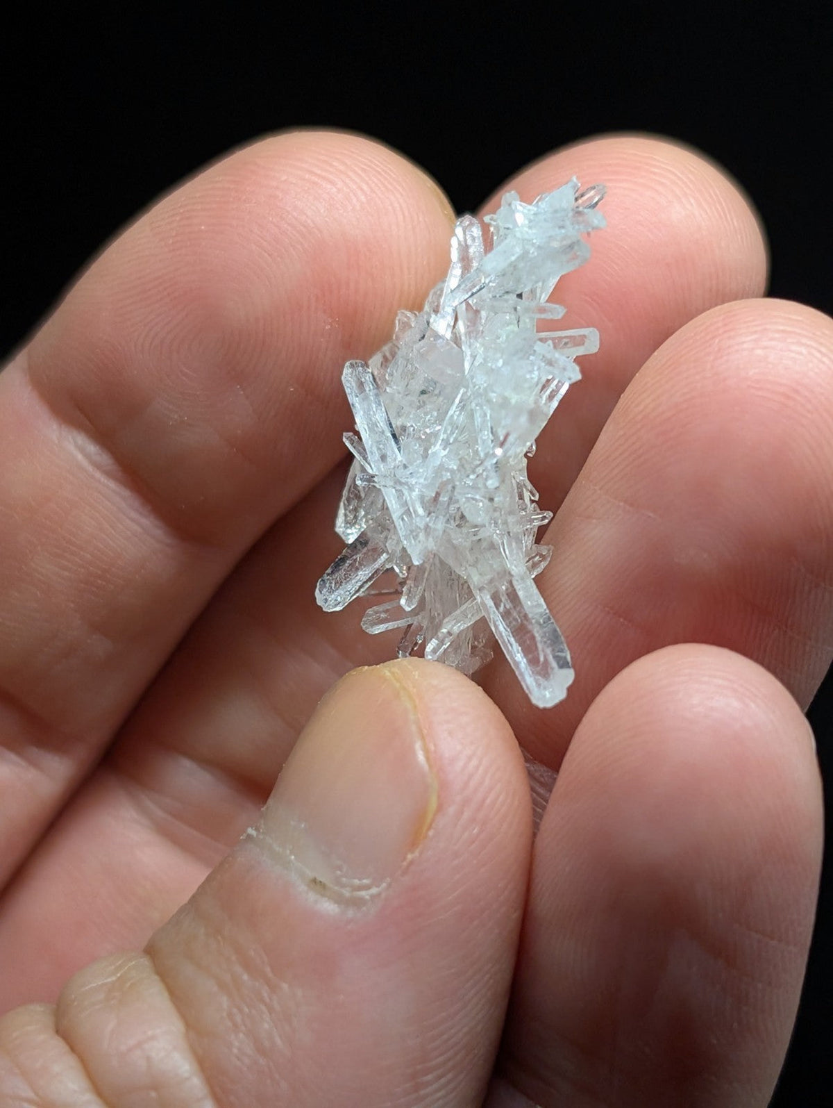 A delicate cluster of translucent, pale blue quartz crystals held gently in a hand.