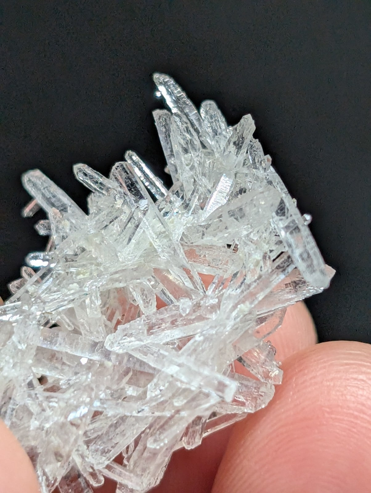 A cluster of transparent, crystalline quartz needles held between fingers.