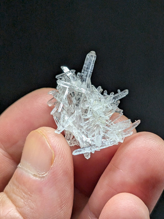 A cluster of clear, translucent quartz crystals with sharp, pointed tips and a glassy sheen.