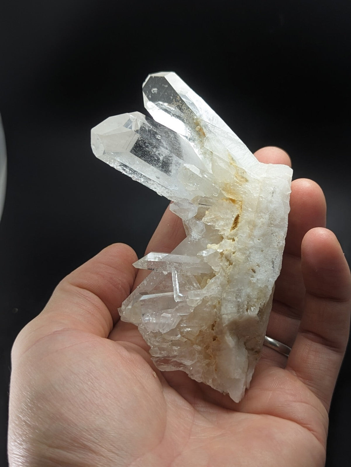 A translucent quartz crystal cluster with clear, pointed facets and a white base.