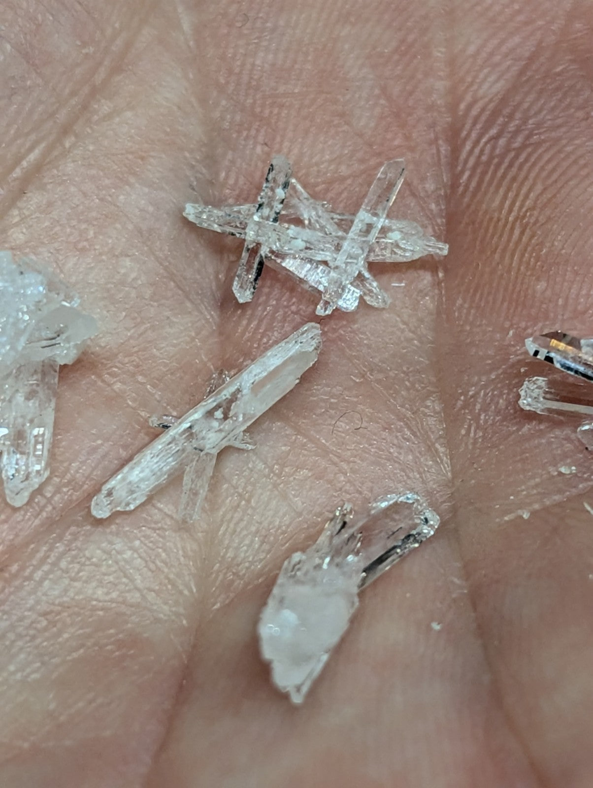 Clear quartz crystals with sharp, angular facets and natural branching formations.