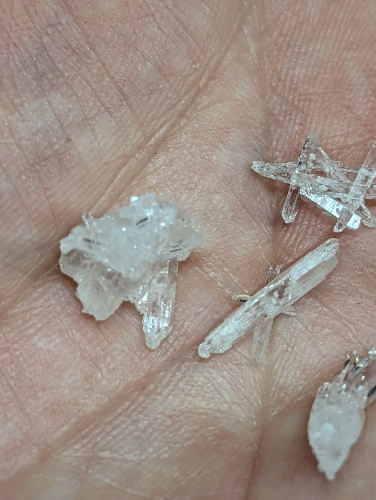 Clear, translucent crystal fragments with sharp edges and natural facets rest in the palm.