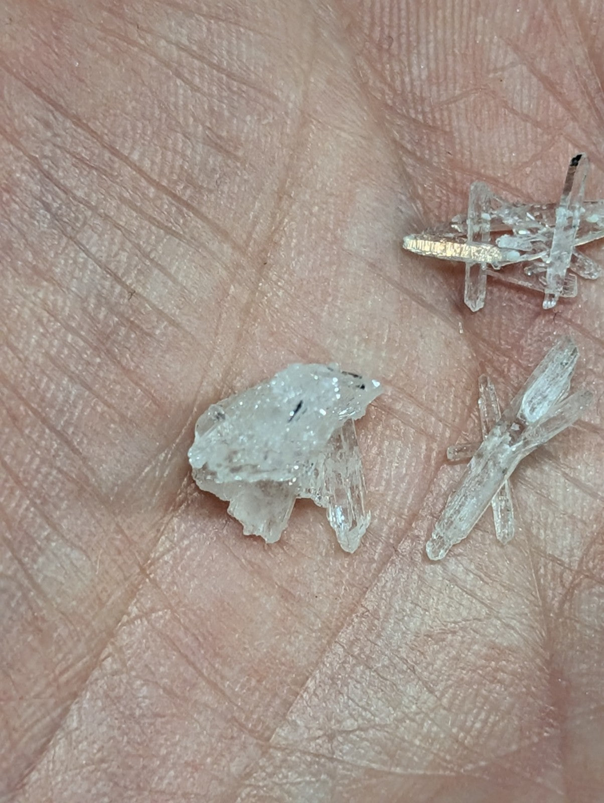 Translucent, crystalline mineral fragments with sharp edges and a slightly iridescent sheen.