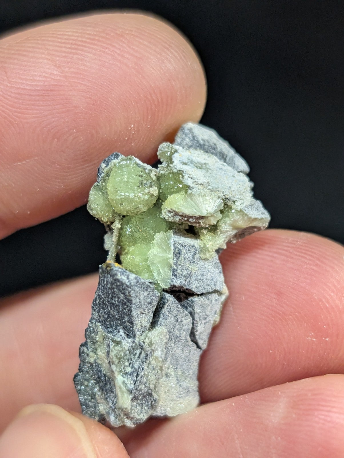 A cluster of translucent green gemstones nestled within a rough, grayish rock matrix.