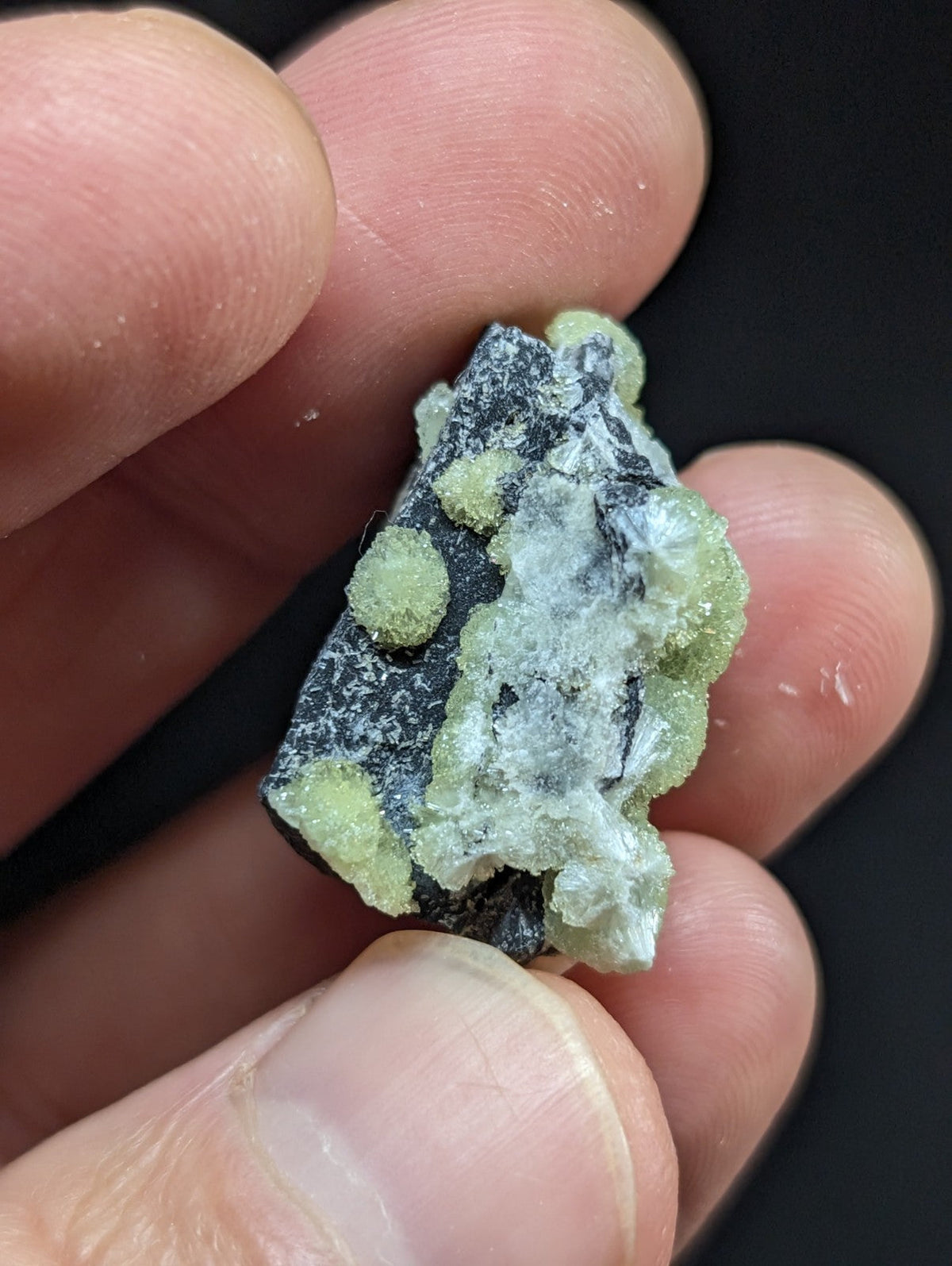 A hand holds a dark, rough-textured mineral specimen featuring clusters of pale green crystals growing from its surface.