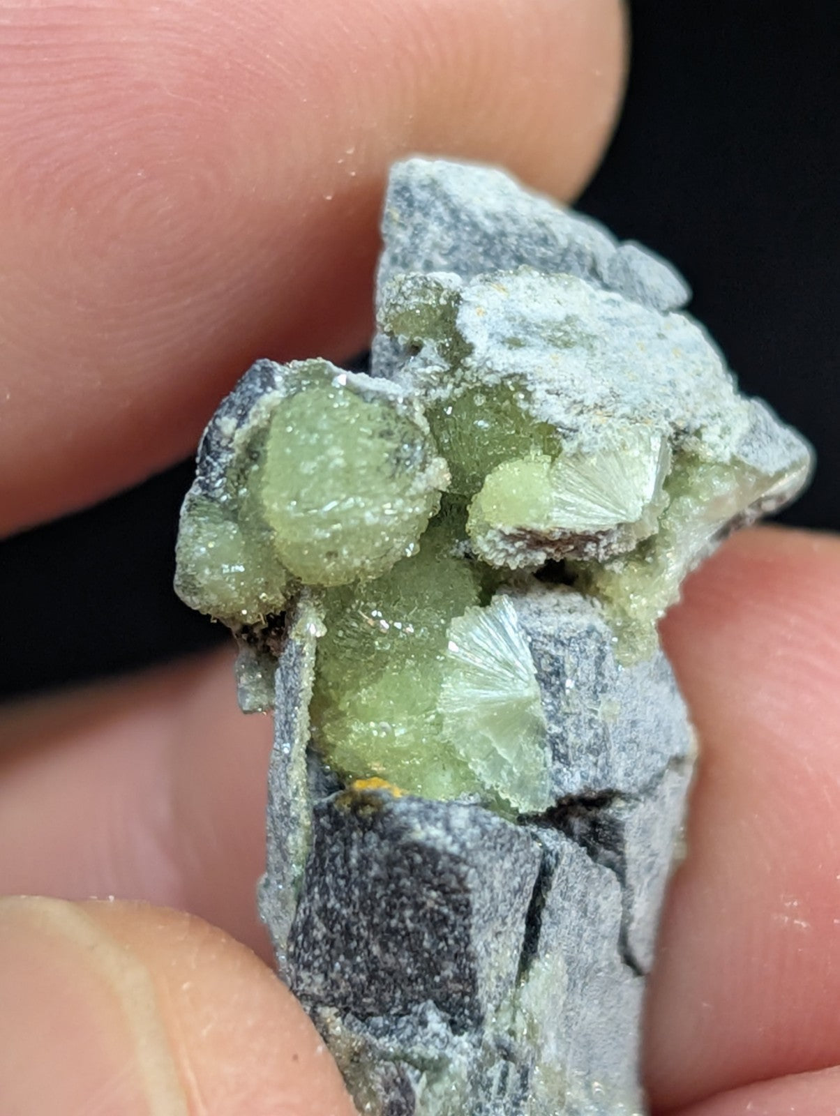 A cluster of translucent green crystals with a slightly frosted, grayish matrix.