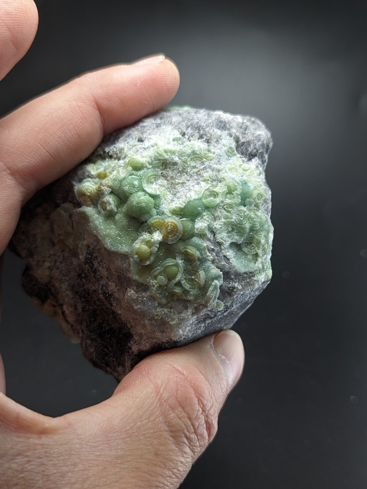 A hand holds a rough, irregularly shaped rock featuring clusters of translucent green and yellowish mineral formations against a dark gray matrix.