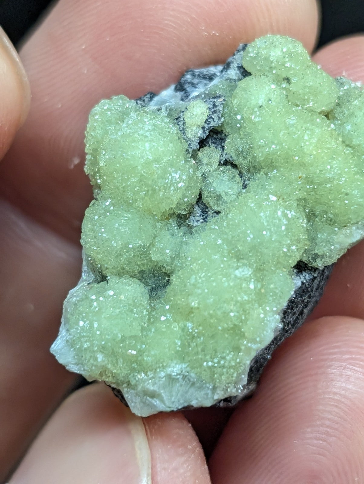 A cluster of translucent light green crystals growing from a dark, rough-textured rock matrix.