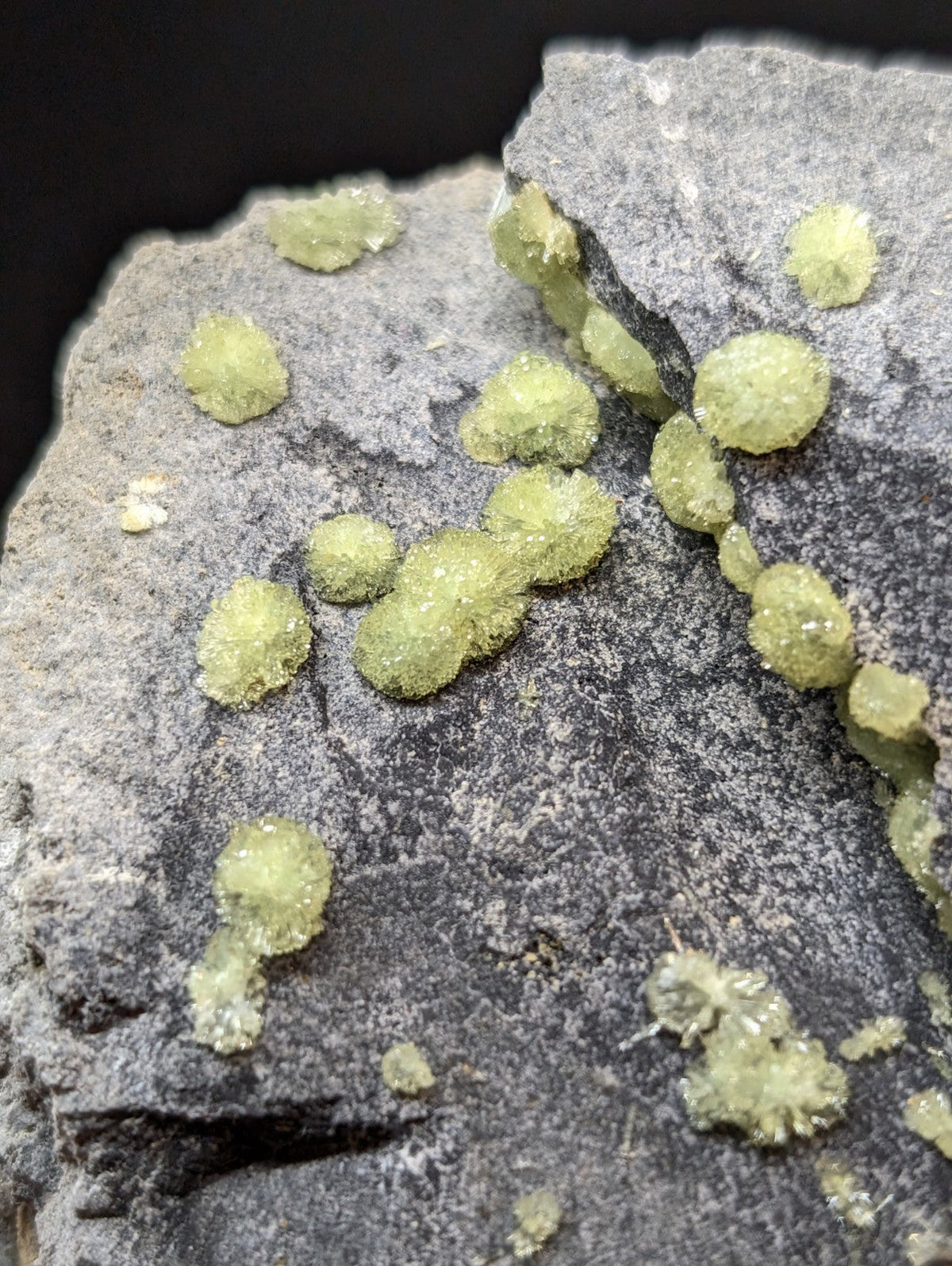 Light green, crystalline mineral formations clustered on a dark gray rock surface.