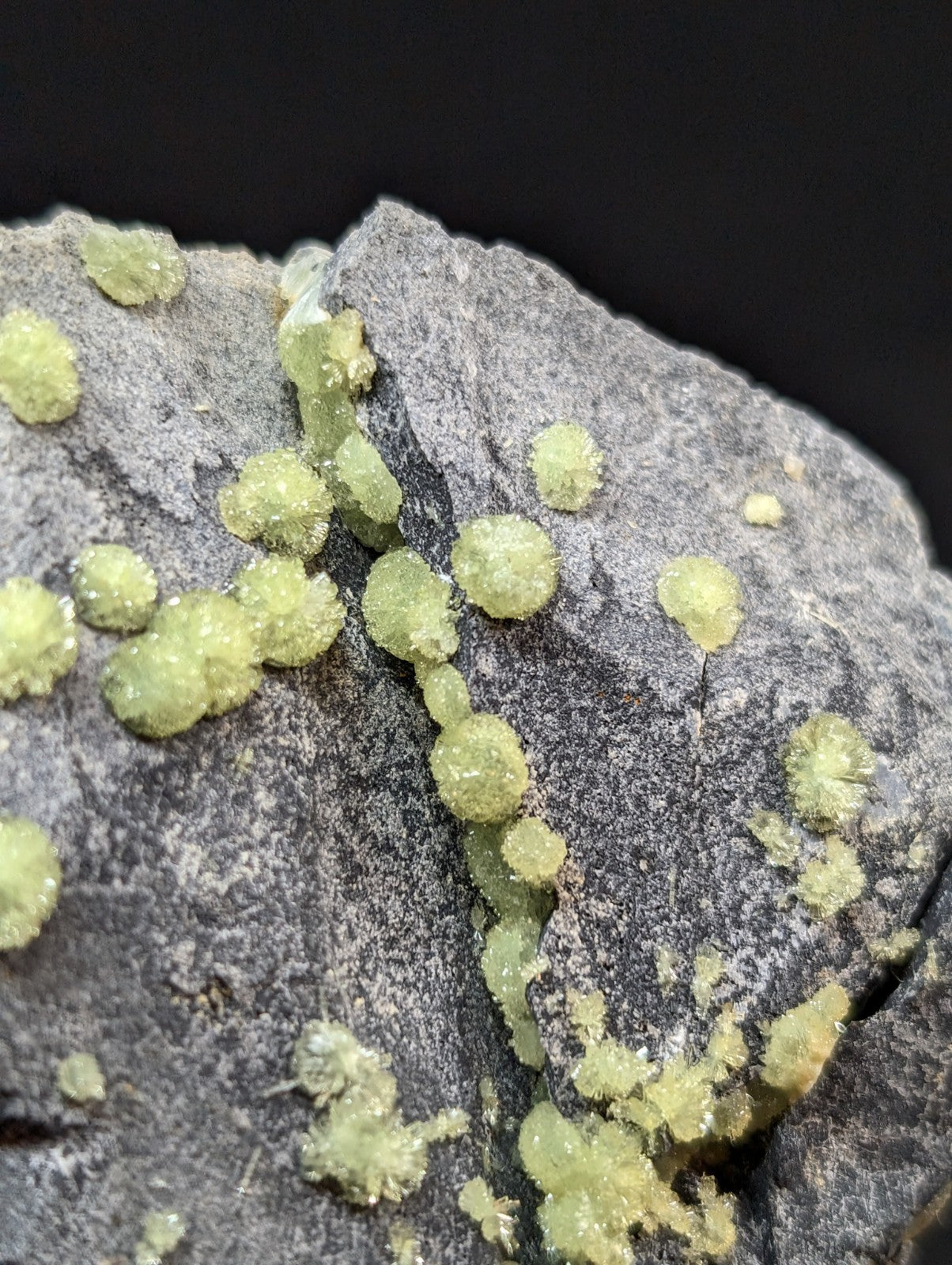 Green, crystalline mineral formations cluster across a textured gray rock surface.