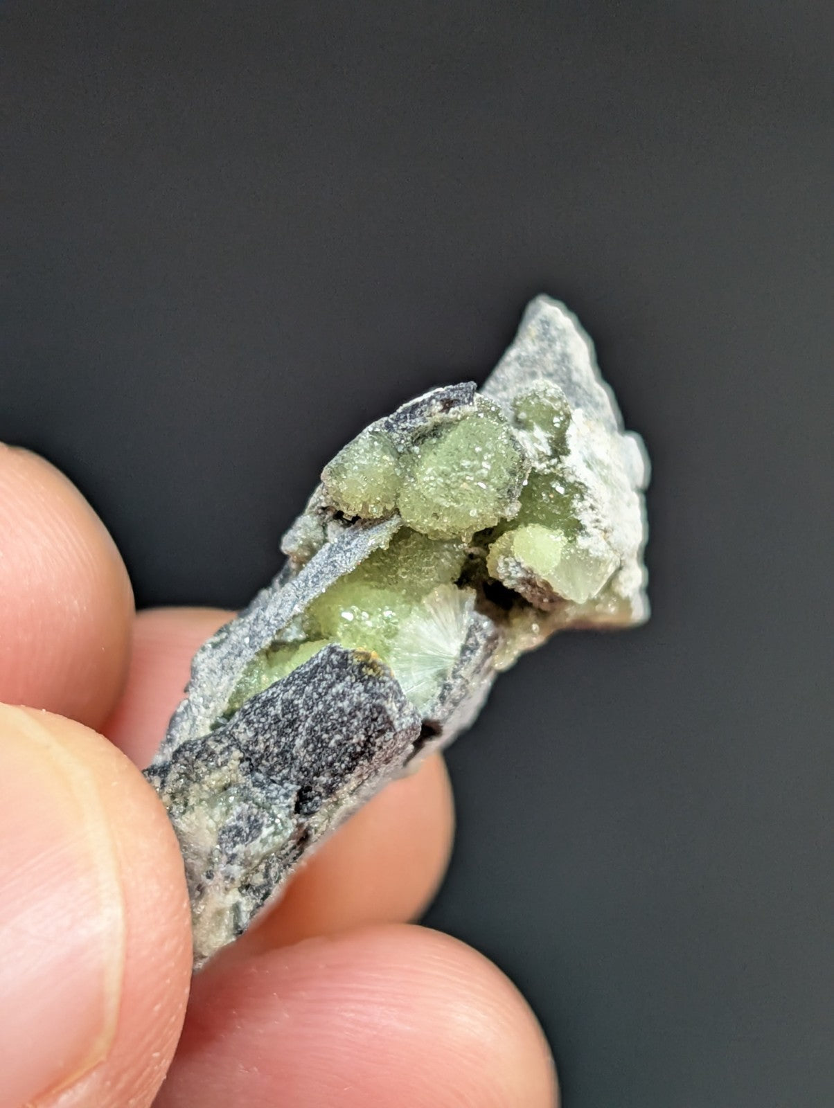 A hand holds a natural mineral specimen featuring translucent green crystals growing from a dark, textured matrix.