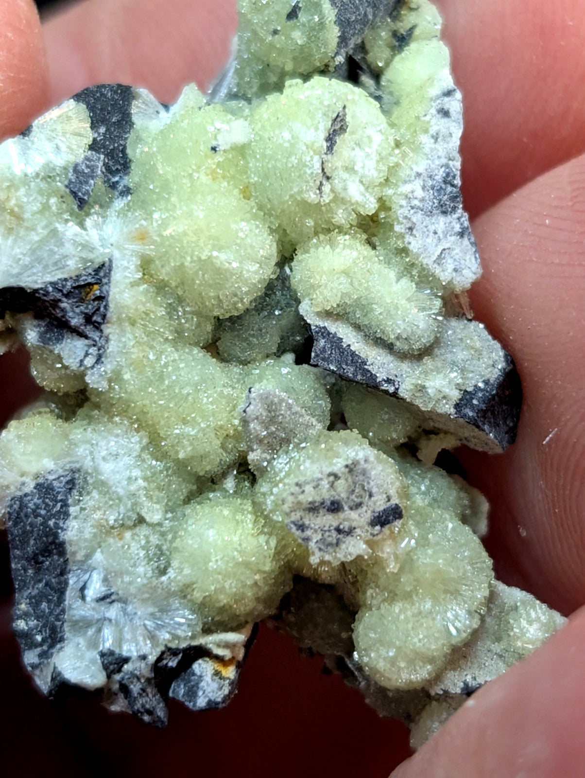 A cluster of pale green, crystalline minerals with a rough, textured surface and dark gray matrix.