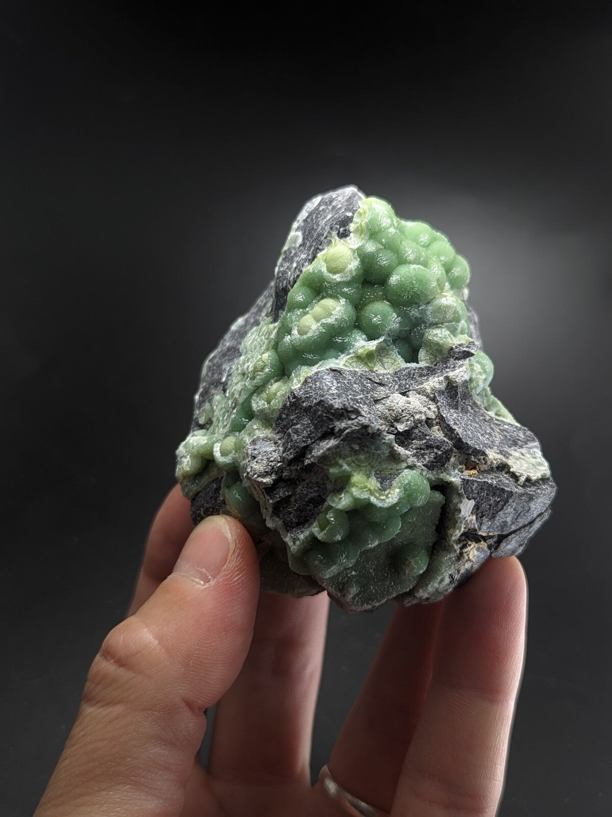A hand holds a dark gray rock specimen featuring clusters of vibrant green, bead-like crystals.