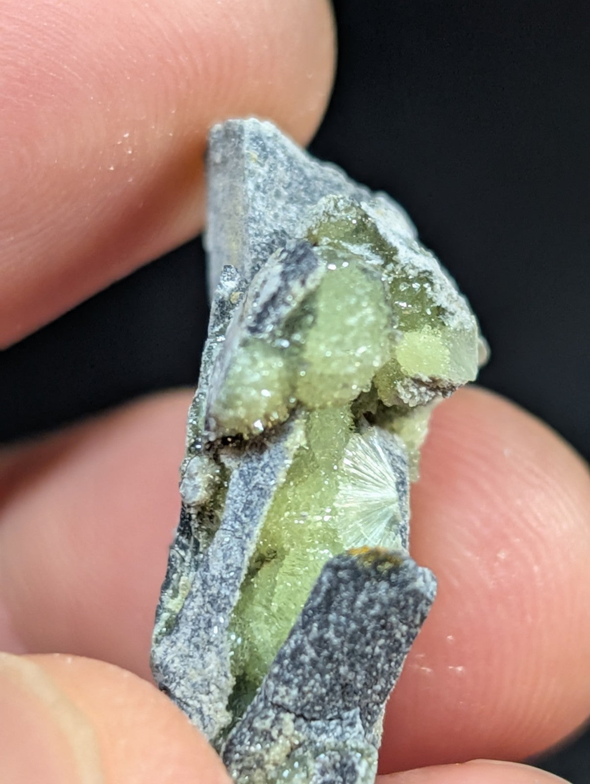 A green, translucent mineral specimen with a crystalline structure embedded in a grayish matrix.