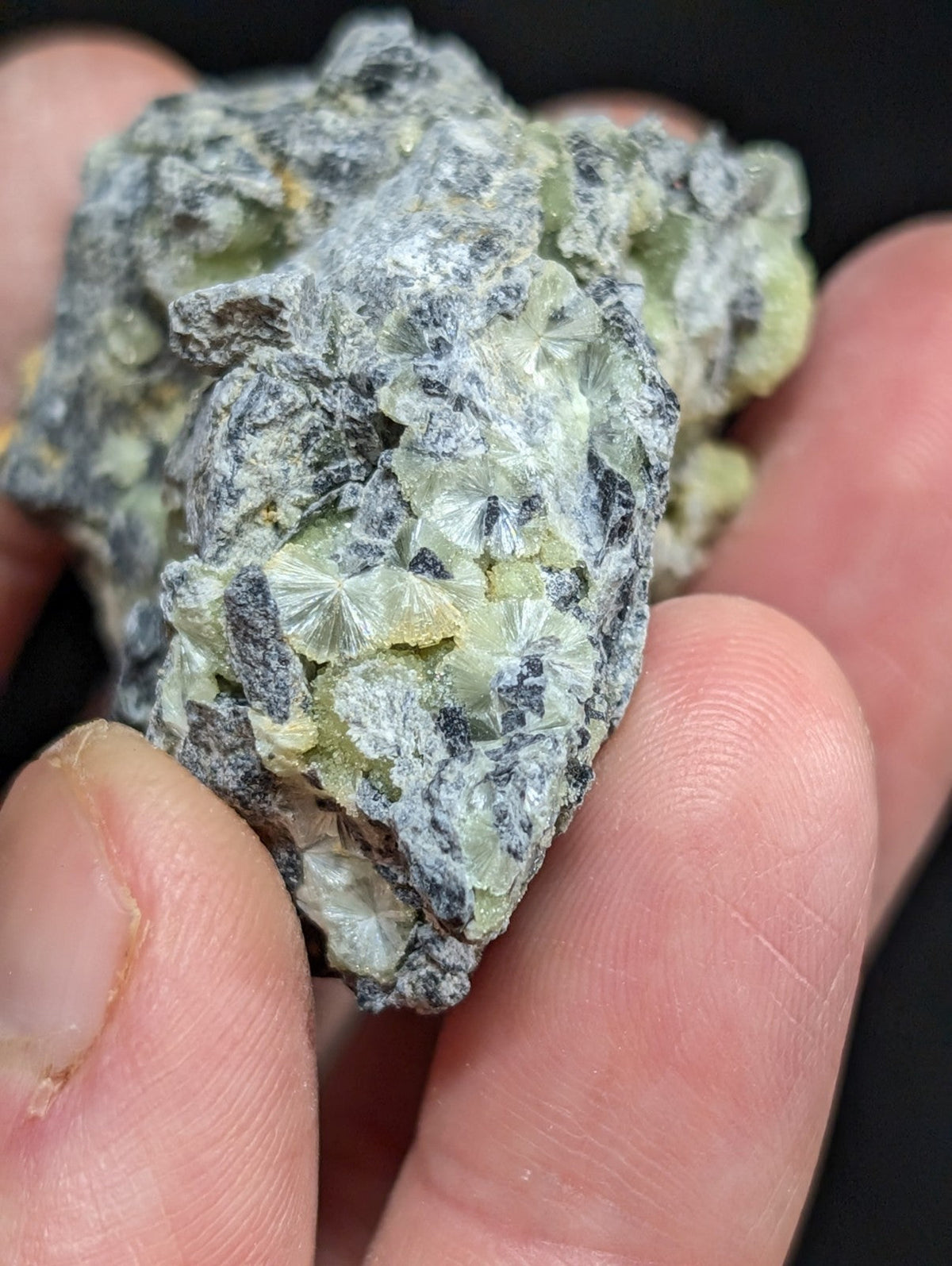 A hand holds a rough, irregularly shaped mineral specimen featuring translucent pale green crystals with radial facets embedded in a dark gray matrix.