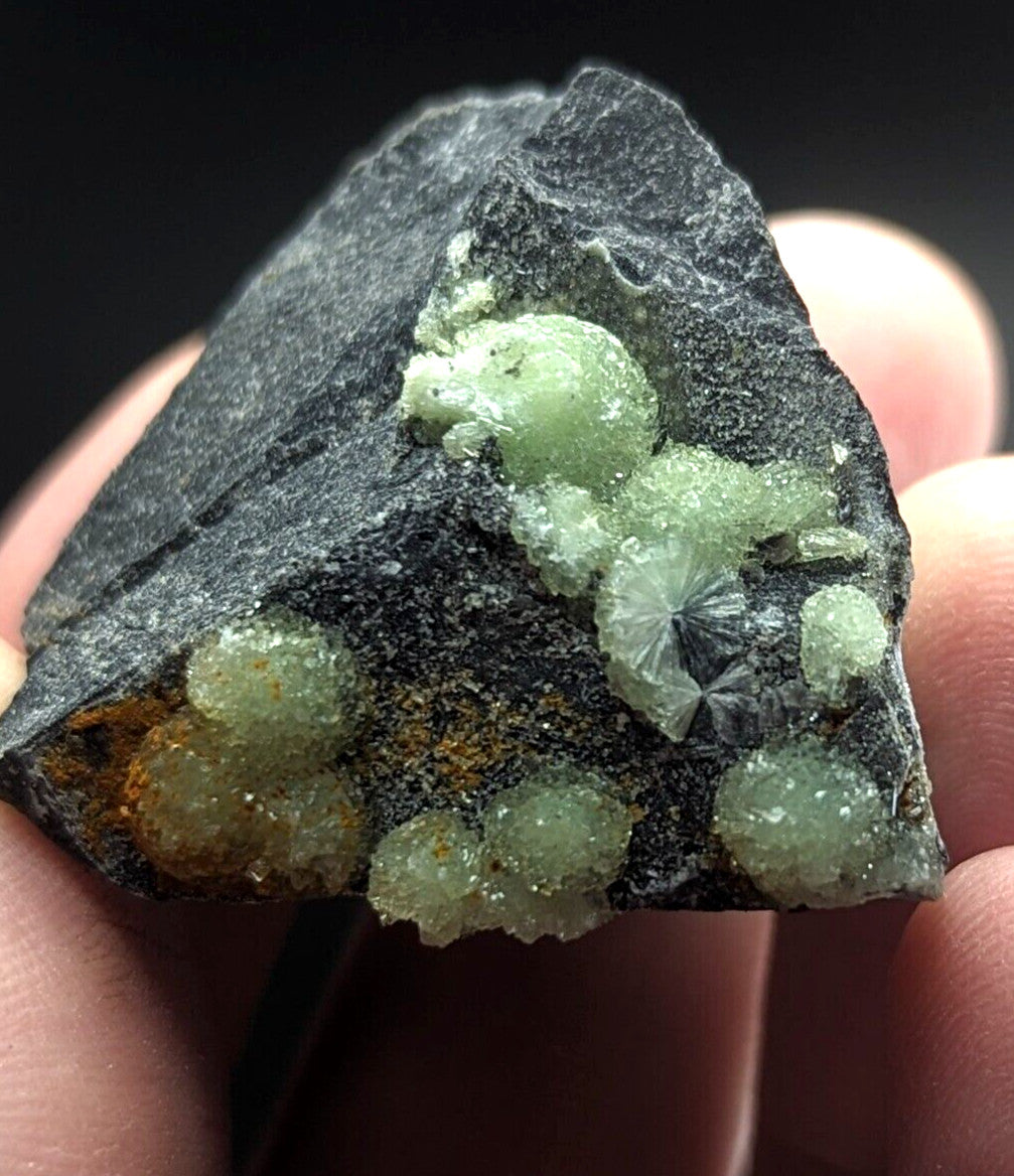 A dark gray rock specimen featuring clusters of translucent, light green crystals with some exhibiting a star-like internal structure.