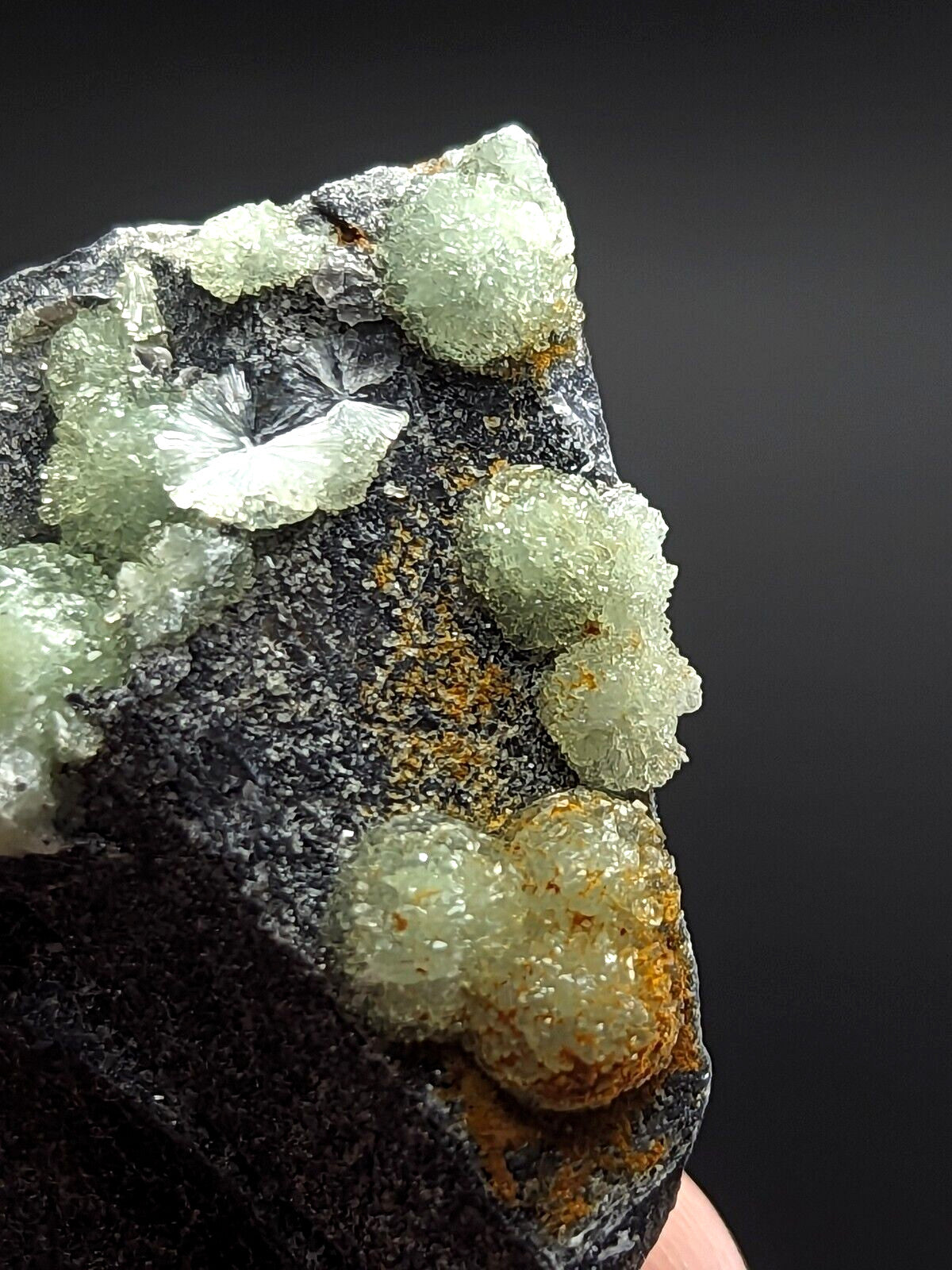 A cluster of translucent, pale green fluorite crystals grows in a rough-textured dark matrix with patches of orange rust-colored mineral.