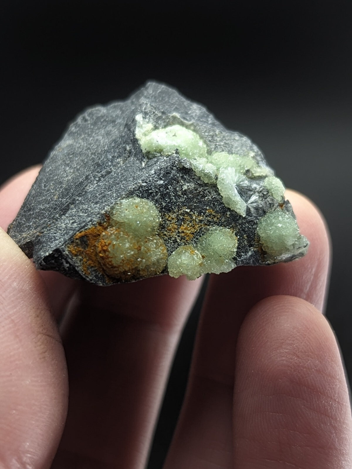 A hand holds a dark gray rock specimen featuring clusters of translucent, pale green crystals with hints of orange mineralization.