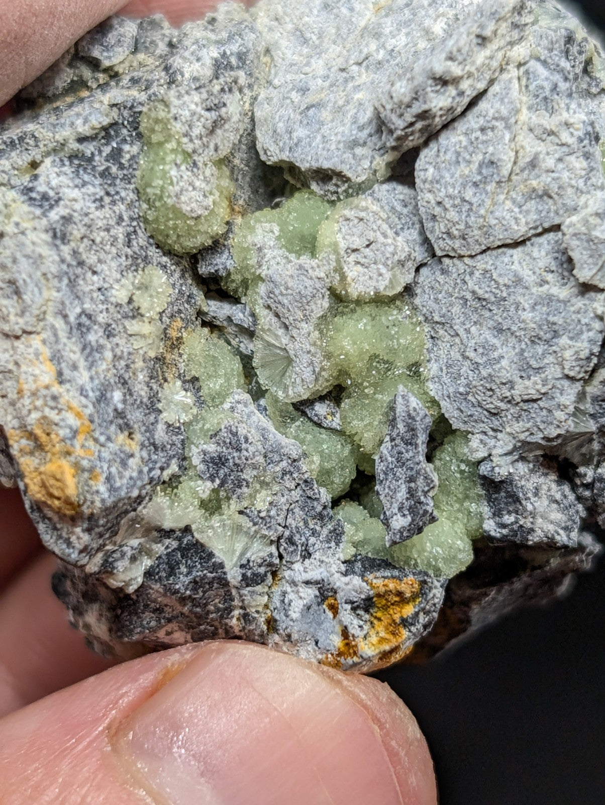 A cluster of translucent green crystals nestled within a rough, gray rock matrix.