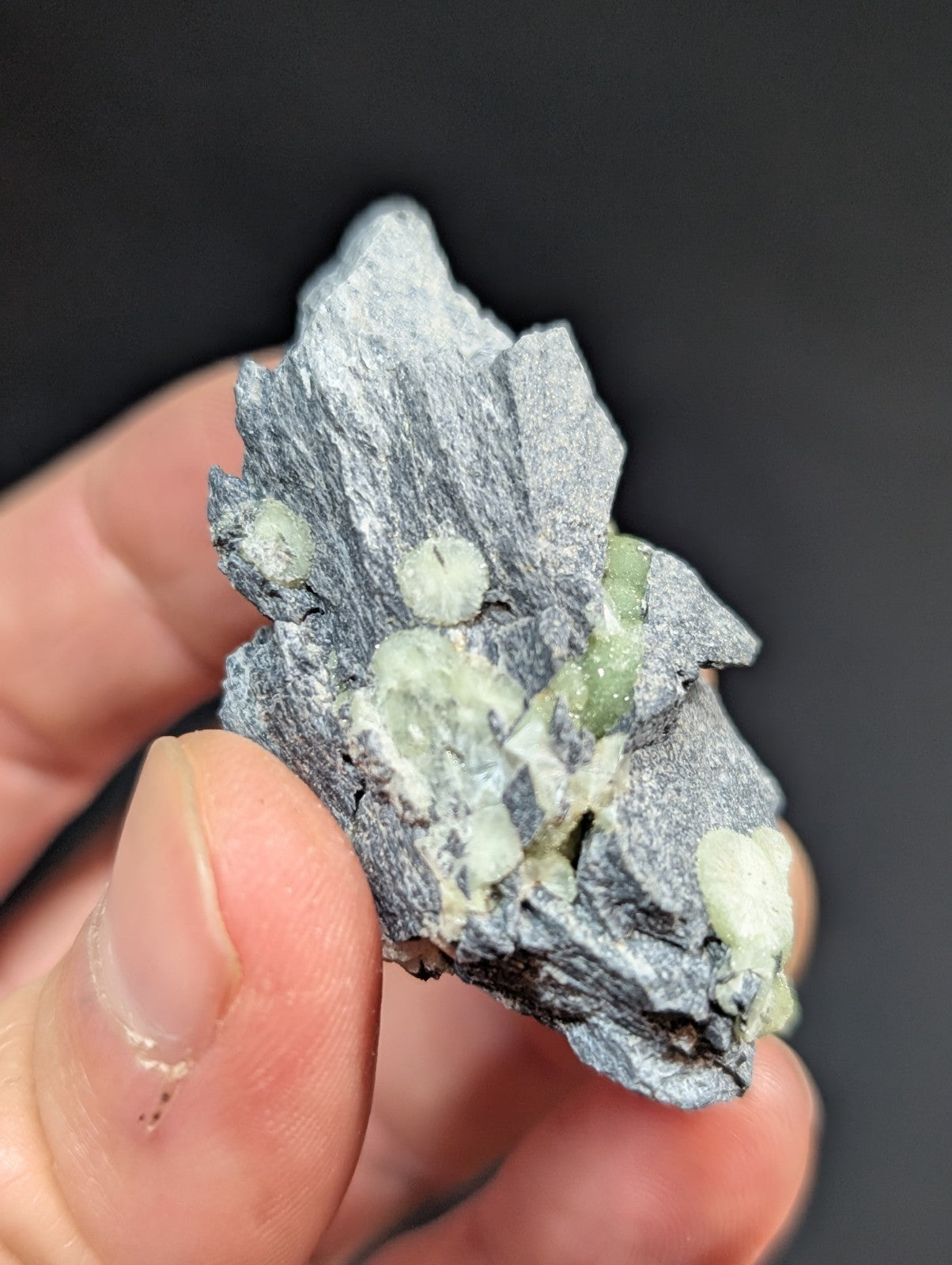 A gray, jagged mineral specimen with embedded pale green and white crystalline formations.