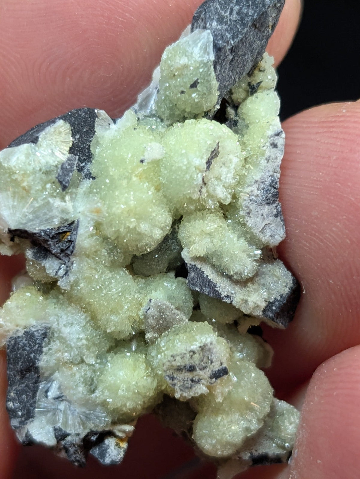 A cluster of pale green, crystalline minerals with a sugary texture nestled against dark gray rock.