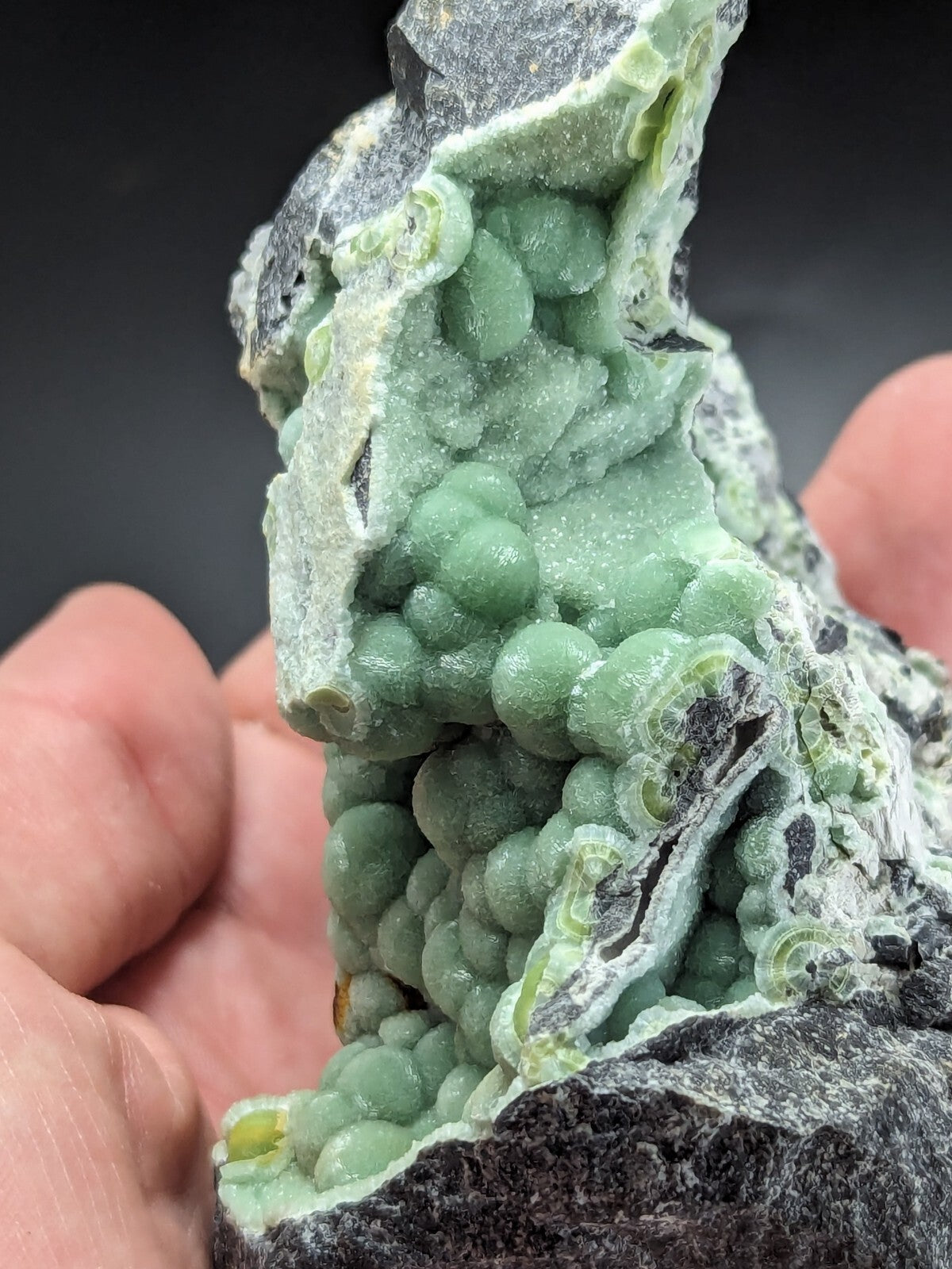 A striking green, bead-like mineral formation with a textured surface and embedded dark rock matrix.