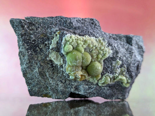 A dark gray rock specimen featuring a cluster of vibrant green, rounded mineral formations with a textured, crystalline surface.