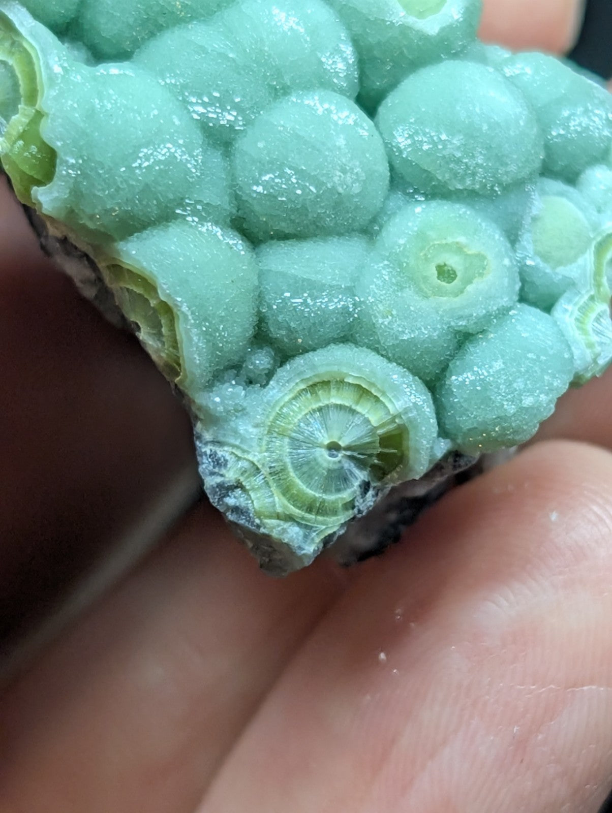 A translucent light green mineral specimen featuring rounded, bubble-like formations with a crystalline texture and concentric circular patterns.