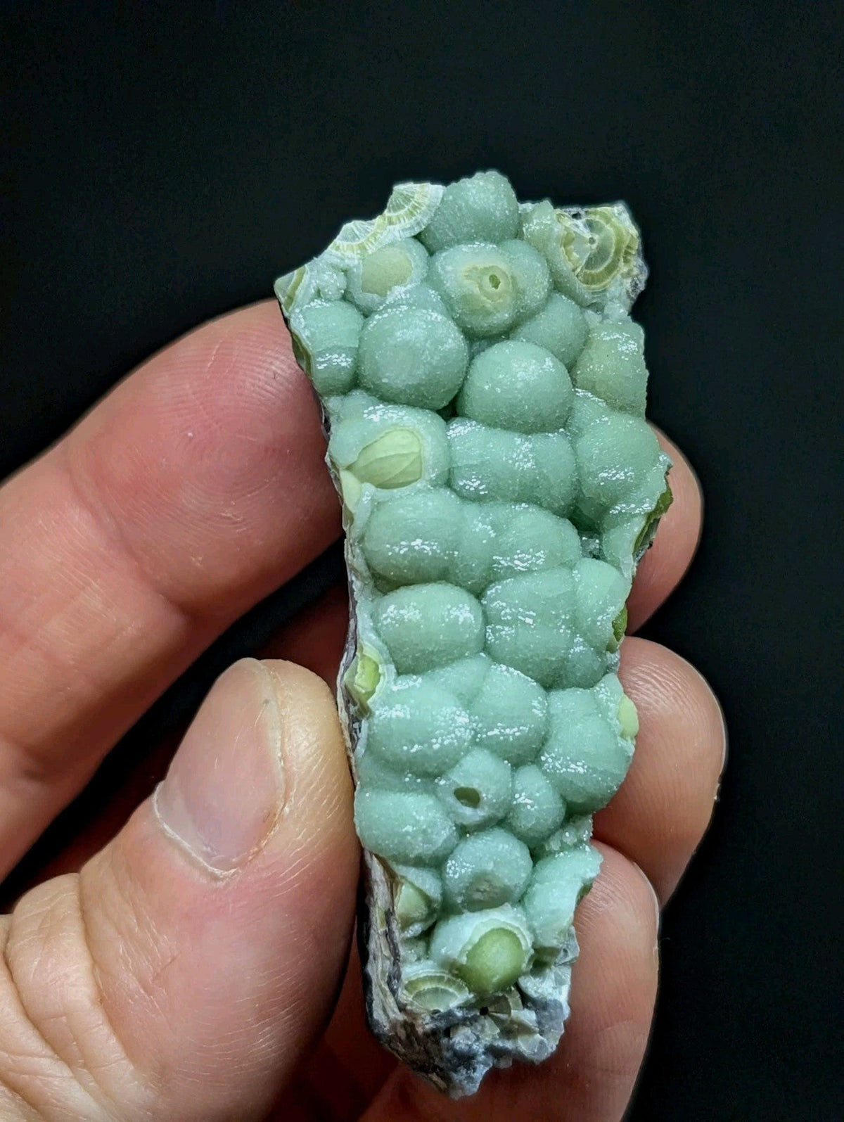 A pale green, bumpy mineral specimen with rounded nodules and a rough, textured surface.