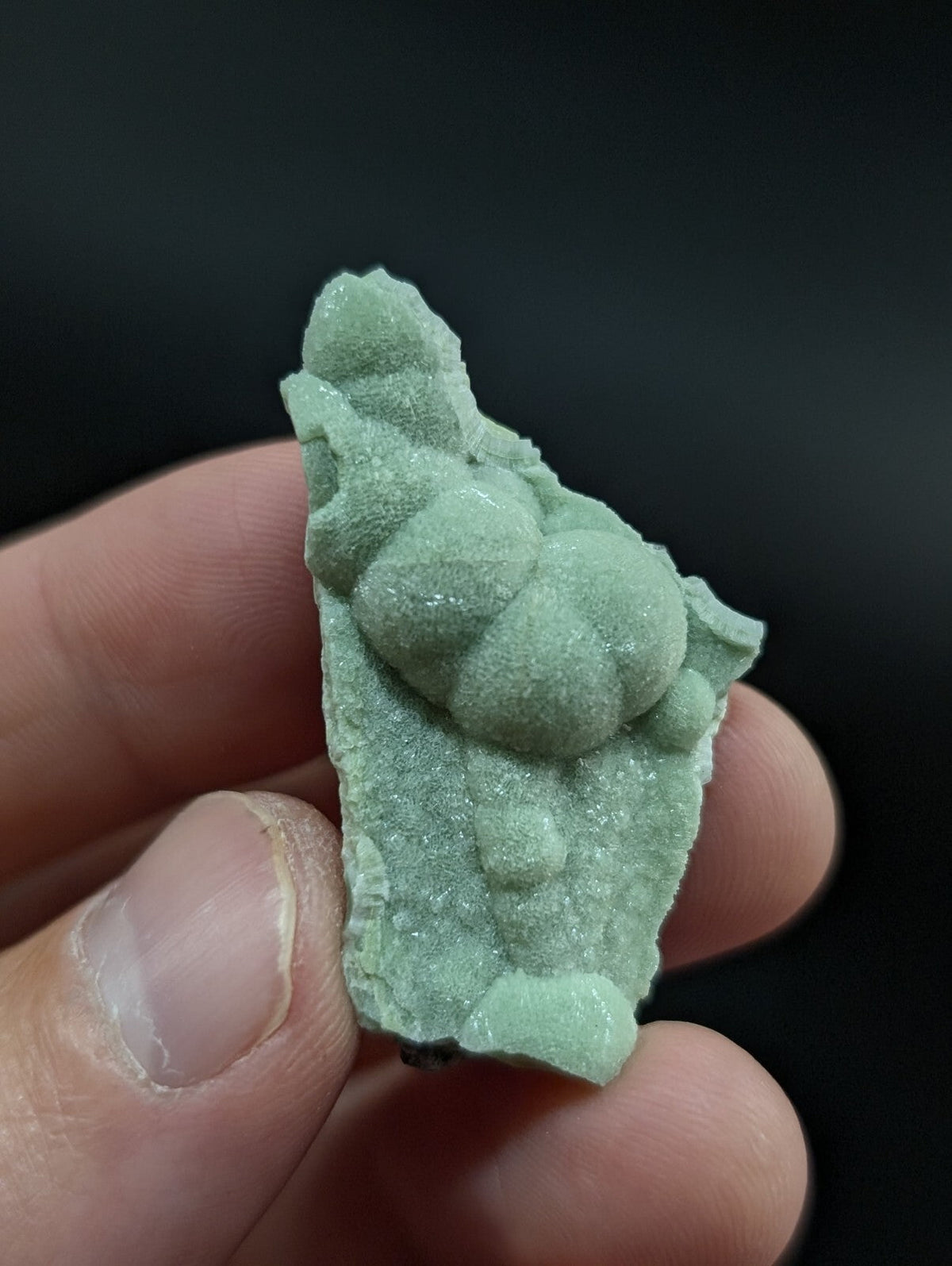 A pale green, textured mineral specimen with rounded, bulbous formations and a rough, crystalline surface.