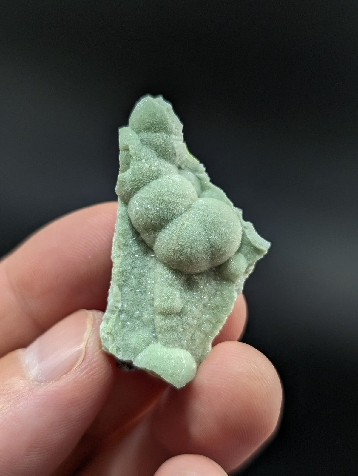 A pale green, textured mineral specimen with rounded, bulbous formations and a crystalline surface.