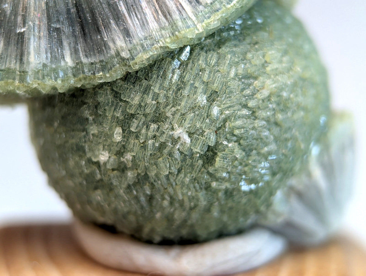 Amazing wavellite green crystalline mineral with rounded base and fan-like crystals on handmade wood mount from Arkansas