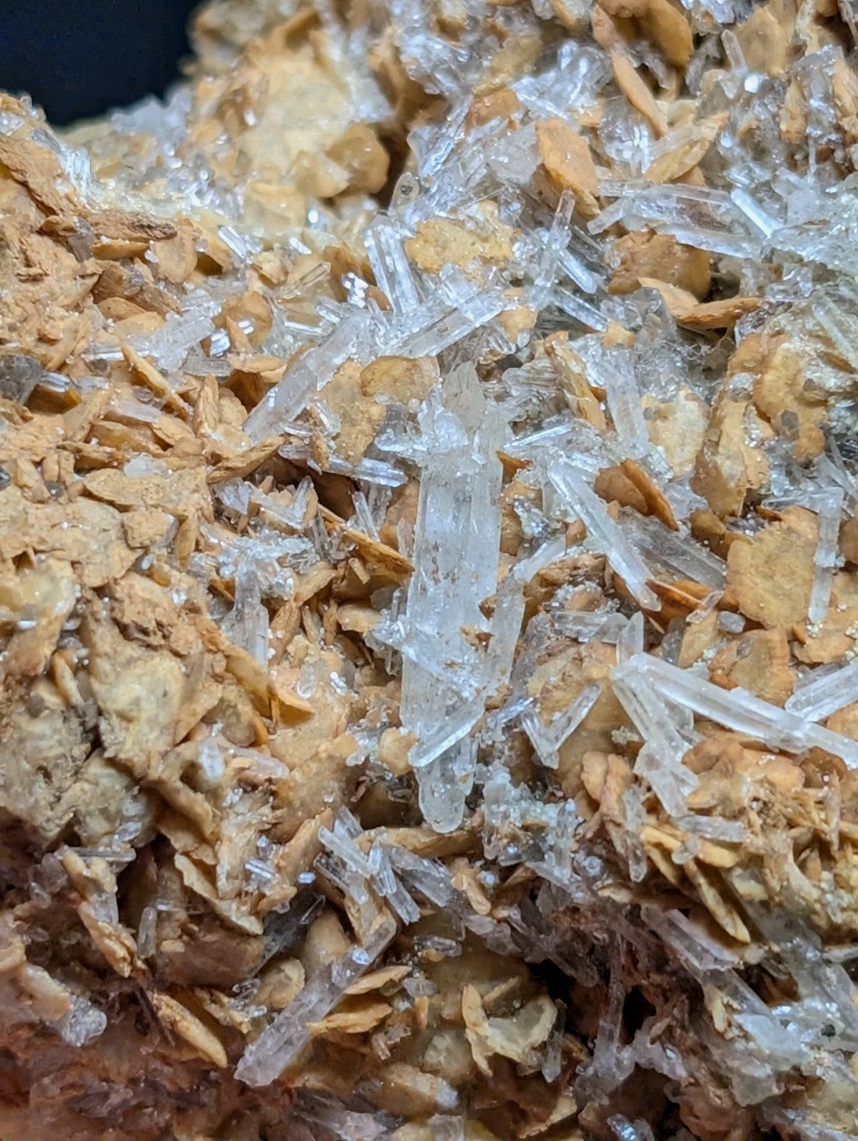 Clear, translucent quartz crystals grow in intricate clusters atop a textured, earthy brown rock matrix.