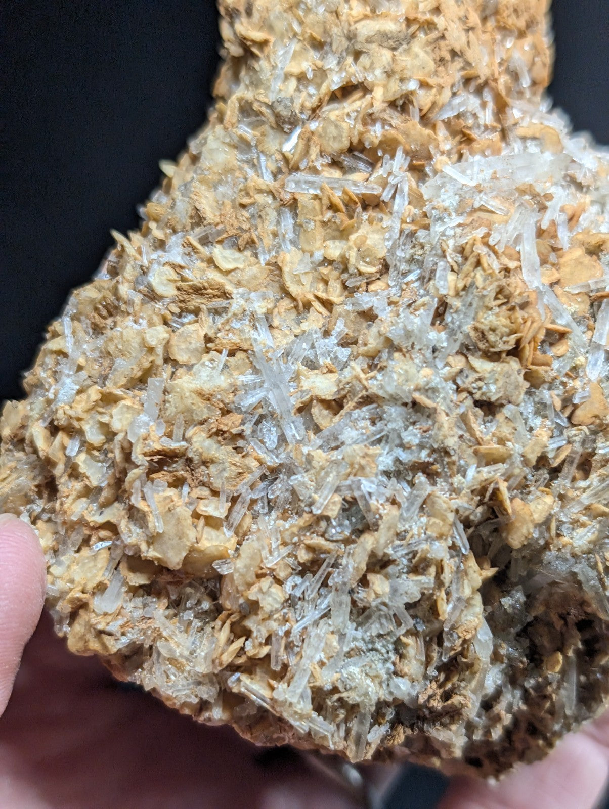 A cluster of translucent, needle-like crystals growing from a textured, earthy-brown rock matrix.