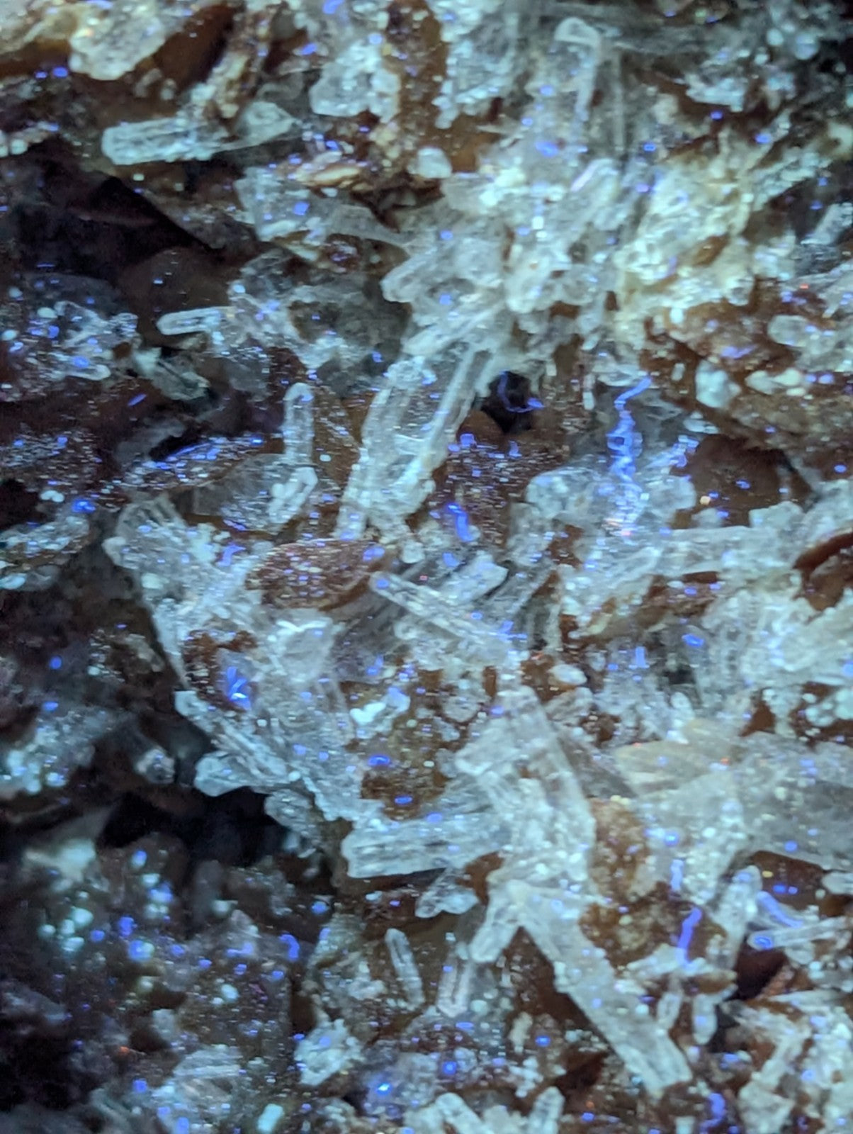 Translucent crystalline formations with blue-tinged specks and brownish matrix