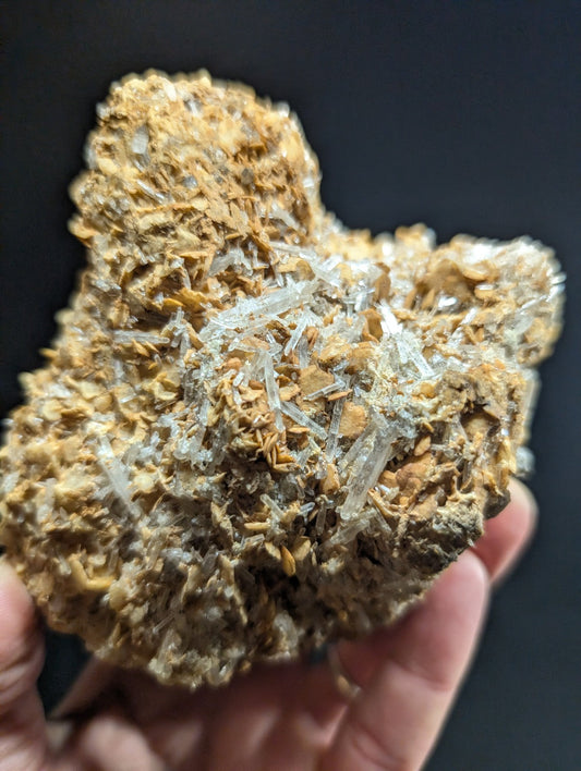 A rugged, earthy-toned mineral specimen featuring translucent quartz crystals growing from a textured matrix of brownish rock.