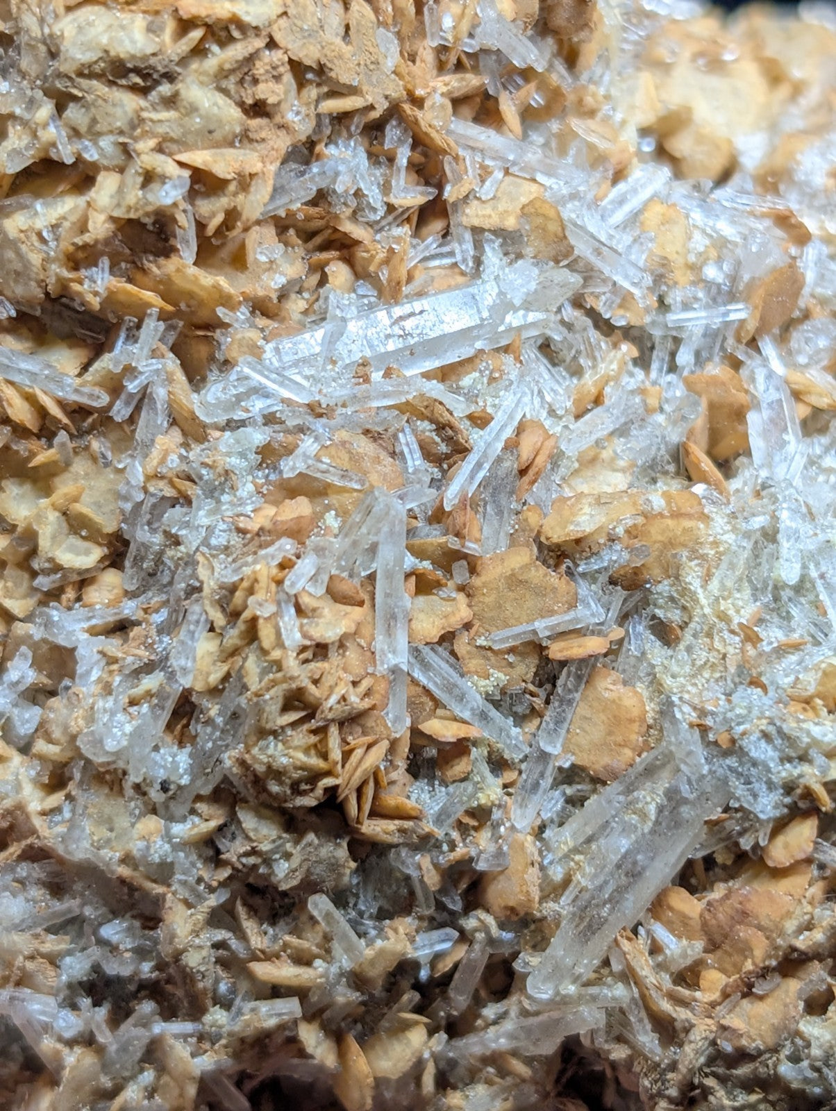 A cluster of transparent, crystalline quartz needles interwoven with earthy brown mineral fragments.