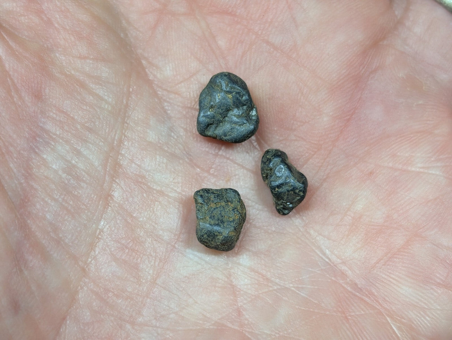 Three small, irregularly shaped dark gray metallic fragments rest in the palm of a hand.