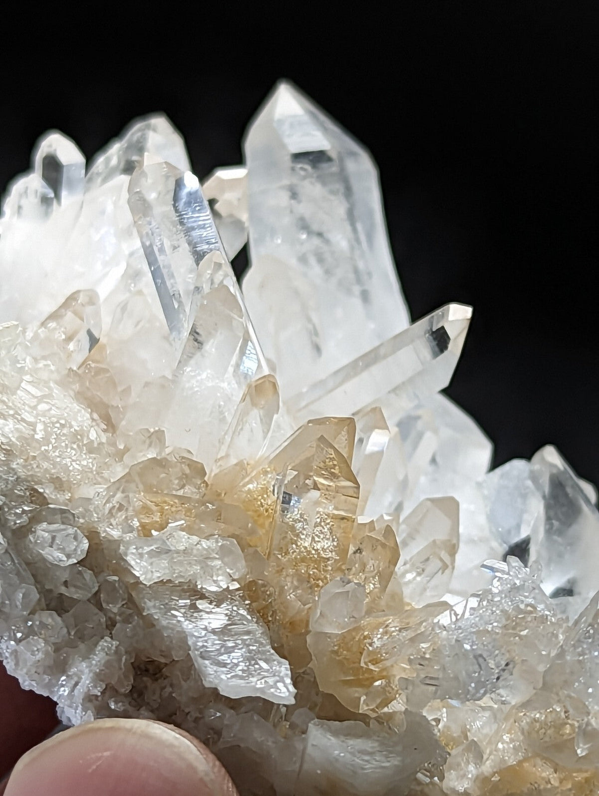 A cluster of clear, translucent quartz crystals with some exhibiting a subtle golden hue.