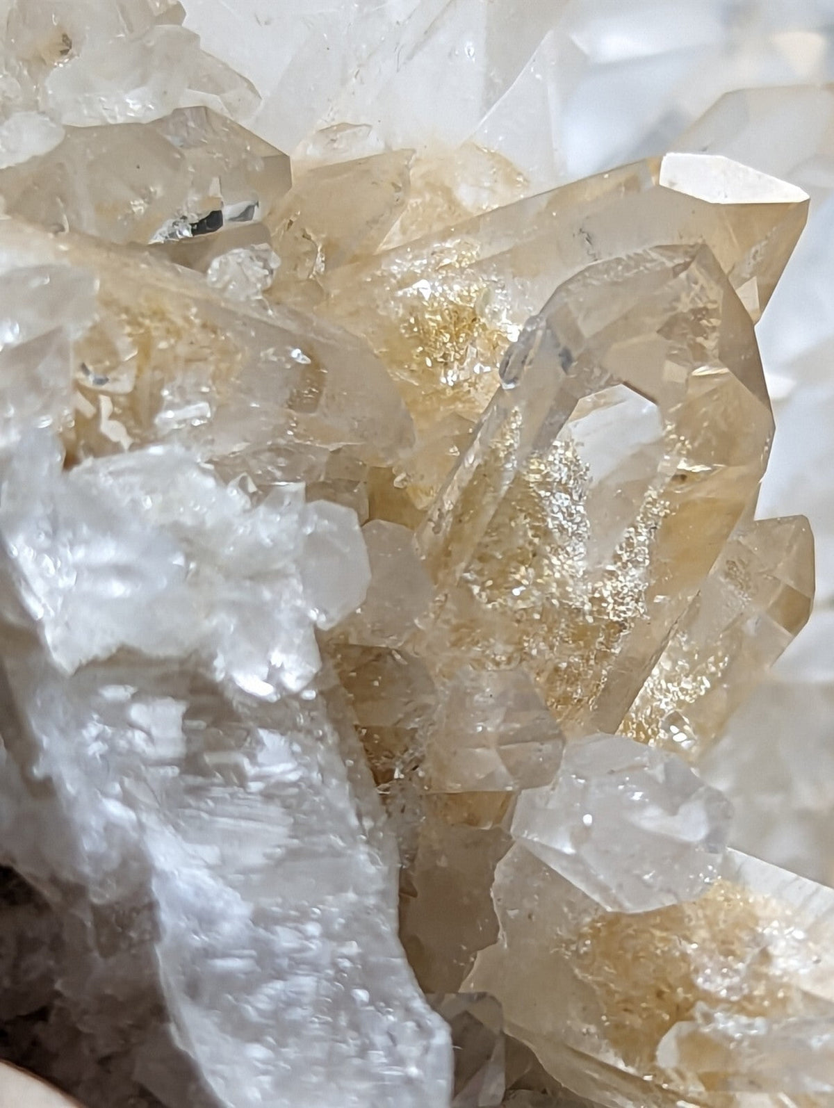 A cluster of translucent quartz crystals, featuring clear and golden-hued formations with natural facets.