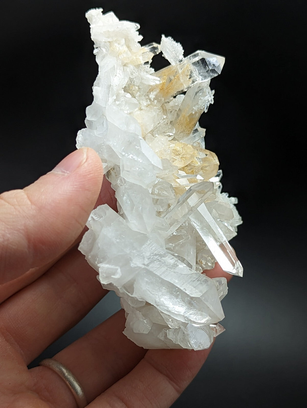 A translucent white and golden-yellow quartz crystal cluster with sharp, faceted points.