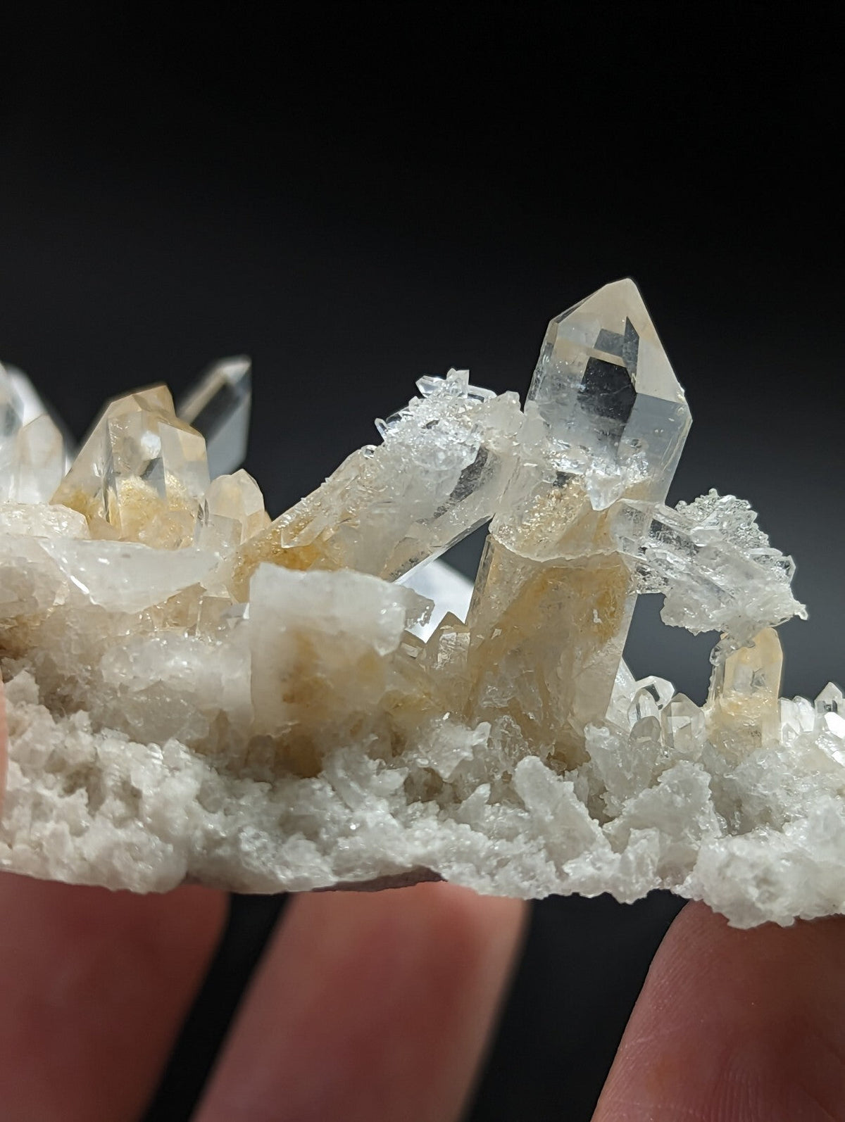 A translucent quartz crystal cluster with clear, pointed formations and a base of milky white crystalline matrix.