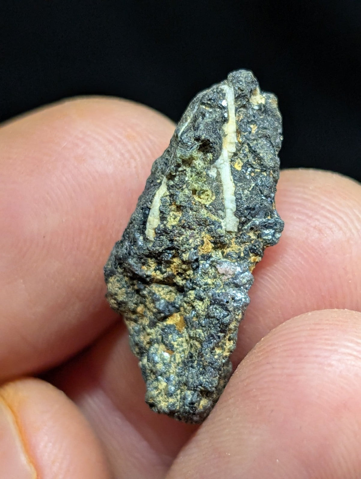 A dark, rough-textured mineral specimen with embedded white and yellowish streaks.