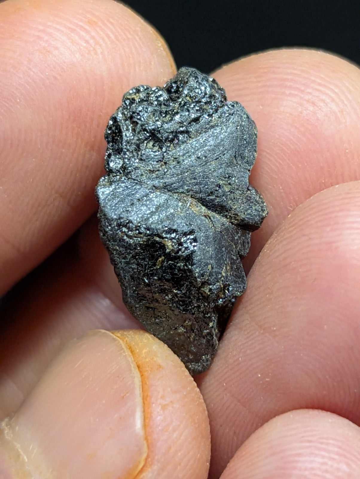 A dark, irregularly shaped meteorite with a metallic sheen and rough, textured surface.