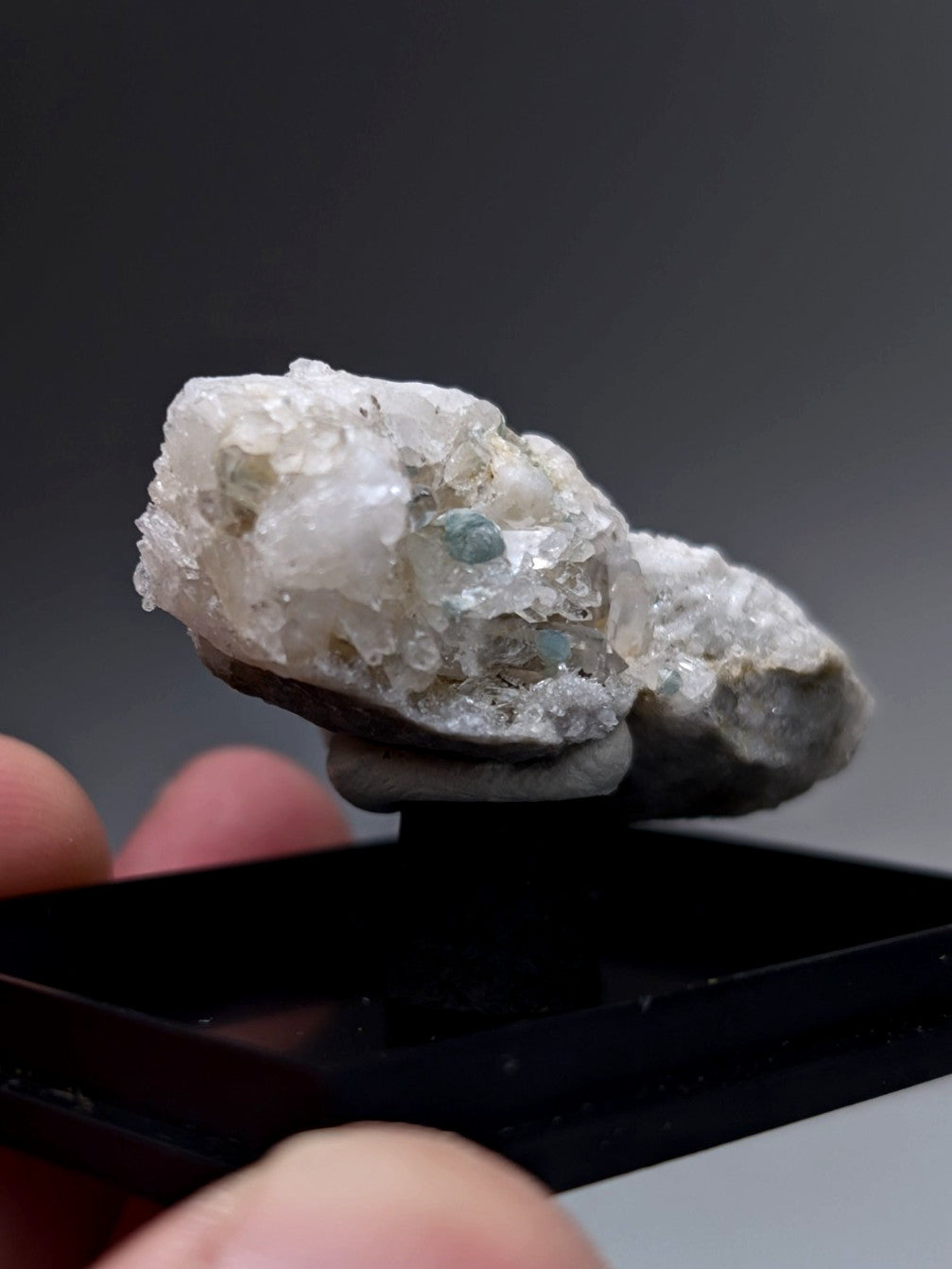Blue-green cookeite on quartz with translucent white crystals and a greenish-blue inclusion from saline county arkansas