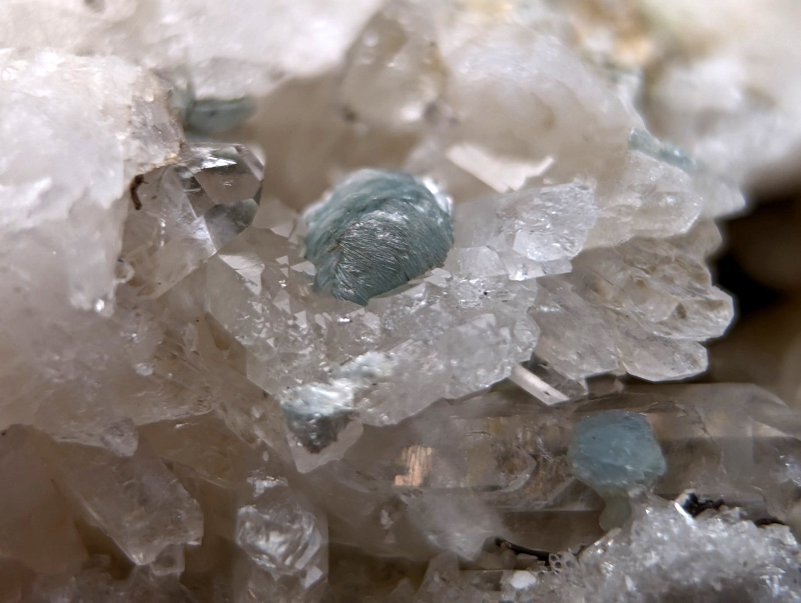 A cluster of translucent quartz crystals with blue green cookeite inclusions from saline county arkansas old stock and uv reactive