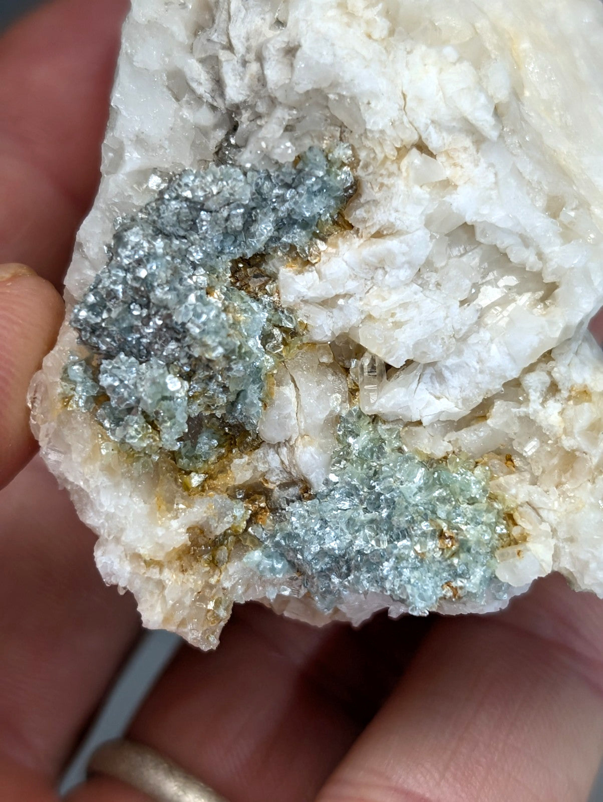 A hand holds a white quartz specimen with blue green cookeite crystals and golden flecks from saline county arkansas