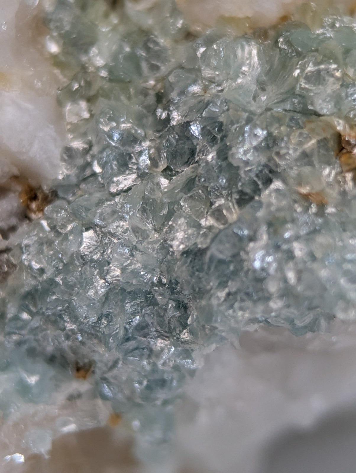 A cluster of translucent pale blue-green cookeite crystals with glassy sheen on quartz from saline county arkansas