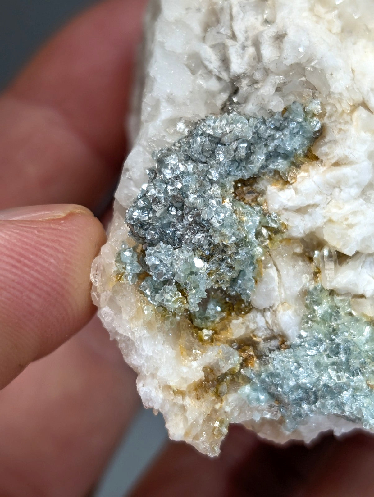 A hand holds blue green cookeite crystals on white quartz with golden streaks from saline county arkansas rare uv reactive mineral