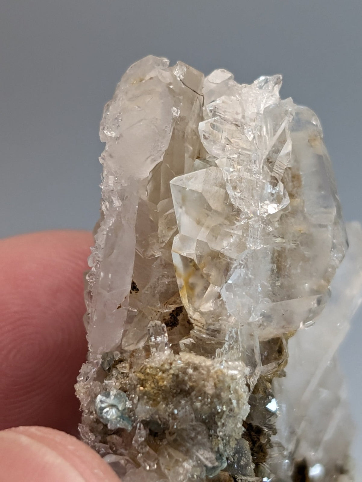 Blue green cookeite on quartz with translucent clear quartz cluster and rough earthy base from saline county arkansas